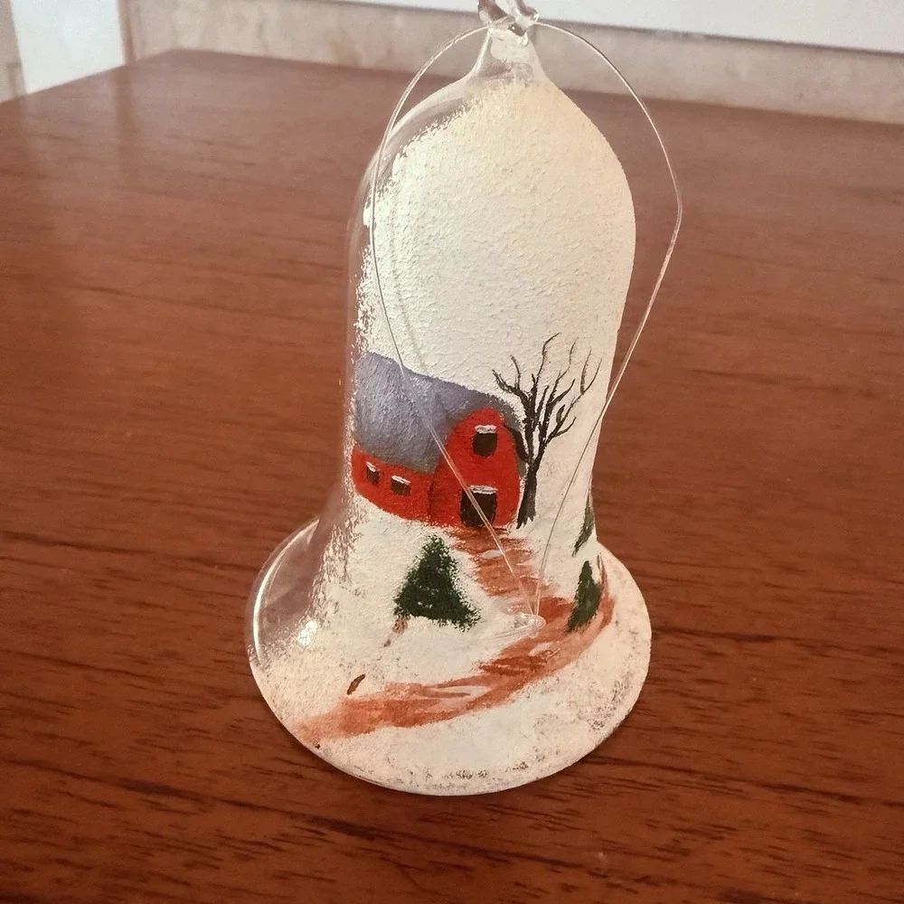 Hand Painted Winter Wonderland‎ Bell Christmas Ornament Glass Cottage